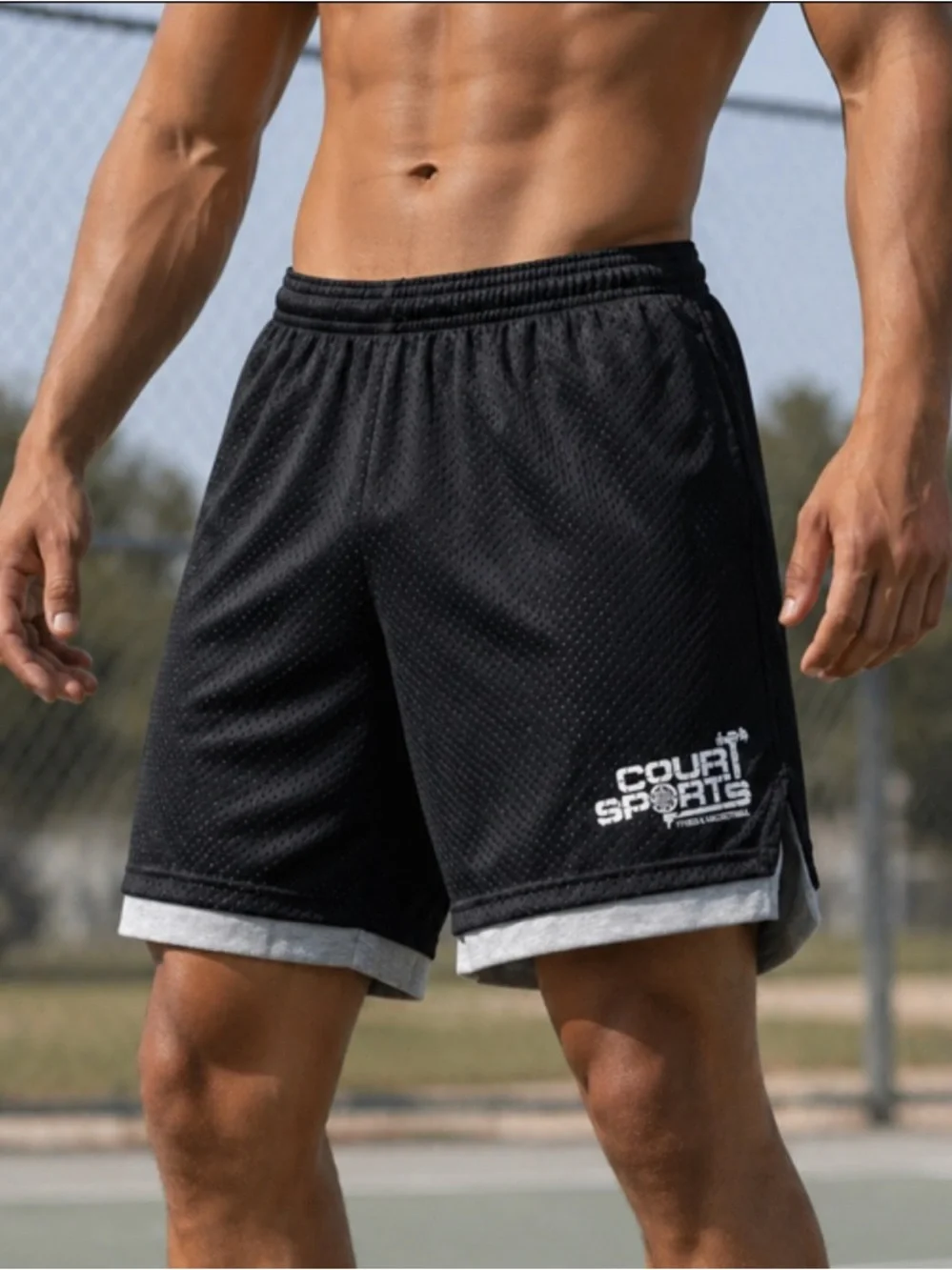 Vintage ROBINSON APPAREL Mens Double Layer Mesh Gym Shorts USA Black Gray  L